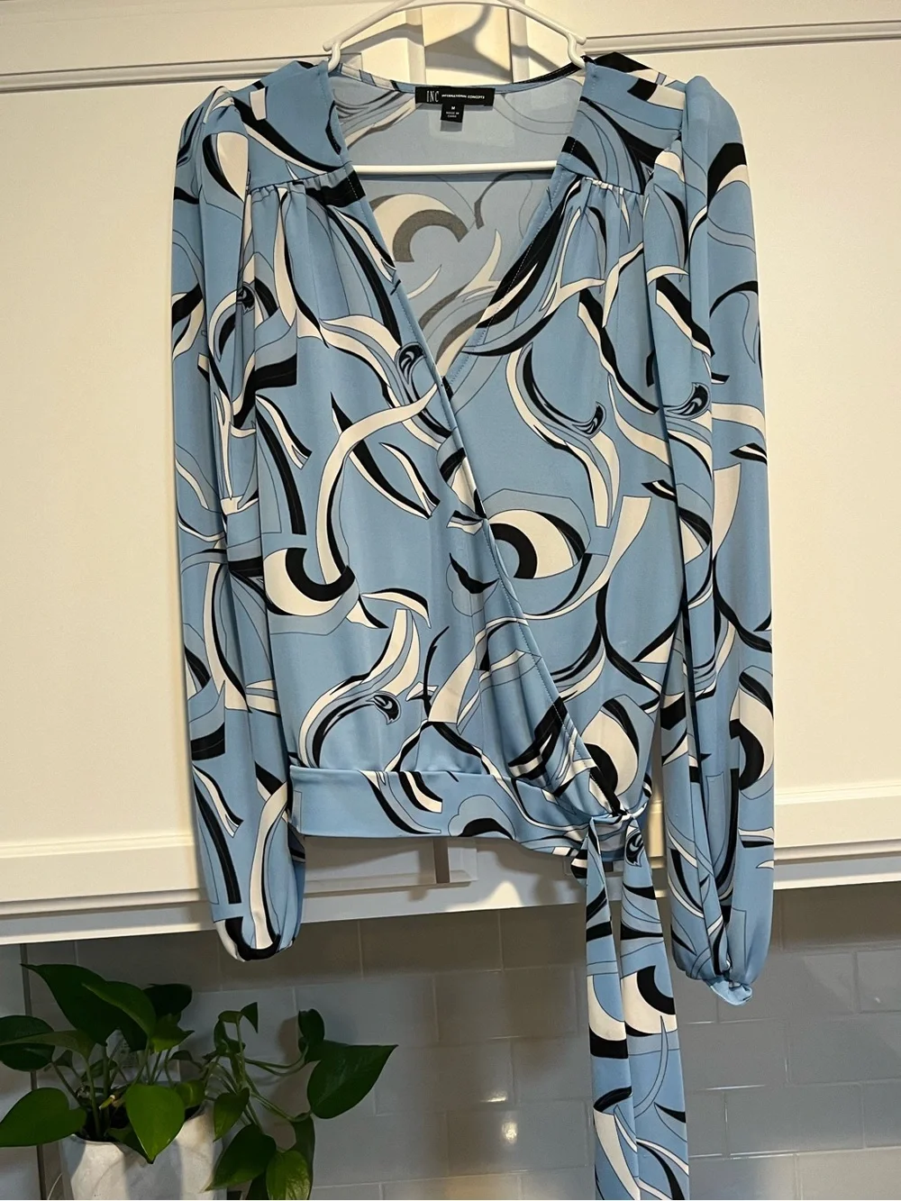 INC International Concepts Blue Abstract Print Wrap Blouse